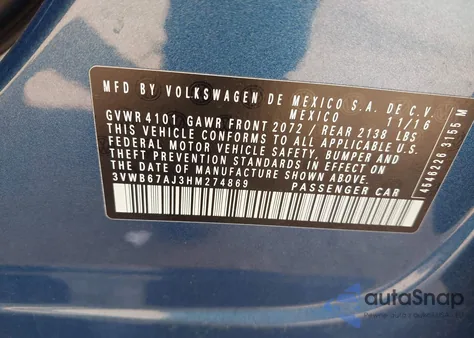 2017 Volkswagen Jetta 1.4T Se из США, поврежденный, VIN 3VWB67AJ3HM274869